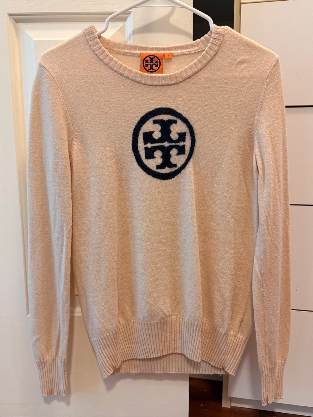 Tory Burch Cream Crewneck Sweater with Navy Logo